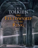The cover of The Fellowship of the Ring. It features a small adventuring party in the lower right hand corner, standing in a grand entrance hall. A beam of bright light streaks across the cover, of the adventurer's heads. 