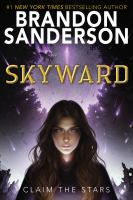 The cover of Skyward. It features a teen girl with white skin and dark brown hair, standing in a forest that is under attack by alien ships. The sky is purple and white debris falls around her. 