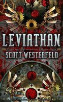 The cover of Leviathan. It is covered in different shapes of gears in red, gold, and gray. 