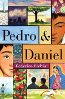 The cover of Pedro and Daniel. The cover is designed to look like a quilt. Two panels feature our protagonists faces — the left most face paler skinned, the right most face darker skinned, but both with brown eyes and dark hair. The other images in the quilt consist of nature shots and religious imagery. 