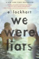 The cover of We Were Liars. Sun glare blocks out the details of  three teens, standing in their bathing suits in the water. The two most left figures are boys with light skin and brown hair. The most right figure is a girl with light skin and dark hair. Their backs are to the reader. 