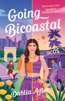 The cover of Going Bicostal. The book cover is split in half, across a teen girl with pale skin and dark curly hair. The left side features her in New York City, with an orange shirt and purple skirt with suspenders. Behind her, you can see a teen girl with red hair, wearing alternative clothing, sitting at a fountain. On the right side, our main teen wears a pink and blue striped shirt and orange flower pants. Behind her, you can see a teen boy with brown skin and dark hair lean up against a taco truck. They are on a beach in LA. 