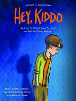 The cover of Hey, Kiddo. A teen boy with pale skin and short brown hair looks downcast. The shadow of a younger boy is visible behind him, against the blue wallpaper. 