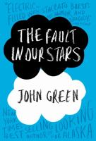 The cover of The Fault in Our Stars. On a blue background we see two clouds: the top cloud is black and holds the title. The bottom cloud is white and holds the author's name, John Green. 