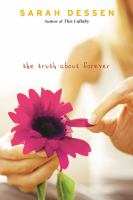 The cover of The Truth About Forever. A red leaf shaped like a heart sits on a dark, lined background. 