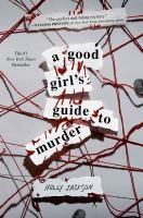 The cover of A Good Girl's Guide to Murder. The title is written on ripped up white paper, which is connected by red string. The red string crisscrosses along the back. 
