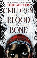 The cover of Children of Blood and Bone. A young Black girl with dark skin sits at the bottom of the book cover. Her forehead is covered with jewelry, including different striped bandanas and an ornate headpiece. Her bone white hair stands straight up. 