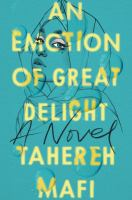 The cover of An Emotion of Great Delight. A sketch of a teen girl in behind the text, which is warped and obscured by drops of water. She wears a hijab and has eye make up, but all other features are hidden. 