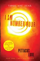 The cover of I Am Number Four. A golden swirl blazes on an orange background. The title and author's names sit on top of the design. 