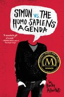The cover of Simon vs The Homo Sapiens Agenda. A teen boy displayed in block colors has no head; instead, a speech bubble with the title emerges from where his neck should be. He has his hands in his pockets and wears black jeans, a black sweater, and a gray shirt. 
