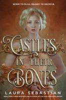 The cover of Castles in their Bones. A teen girl with pale skin and blonde hair stares at the reader. Her hair is wrapped in a wreath around her head. She wears an orange dress and holds a bouquet made of leaves.