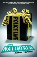 The cover of The Naturals. A black box fills the cover, with police caution tape wrapped around it like a ribbon. 