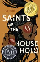 The cover of Saints of the Household. Two teen boys have their heads intertwined, one on top of the other. They have intricate red face paint on their cheeks, the top brother with a red circle and white fish, the bottom brother with a red circle and white hands. They have brown skin. 