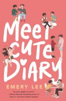 The cover of Meet Cute Diary. Two male presenting teens sit in a variety of poses on the book's title. 