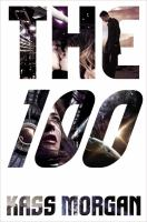 The cover of The 100. The cover consists of just the title on the white background, but each letter shows an image. The T shows an industrial hallway. The H shows two teens kissing in space — a boy with dark hair and a girl with pale hair. Both are white. The E shows the same boy from the previous from a side view, on a deserted lanscape. The 1 shows a view from their spaceship into space, looking at an unfamiliar planet. The first 0 shows a teen girl with pale skin and dark hair, hair covering her face, in an industrial hallway. The second 0 shows a view of an undisclosed planet from space. 