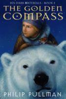 The cover of The Golden Compass. It features a young girl with pale skin and blonde hair, tucked into a blue hat and winter coat, on the back of a white polar bear. 