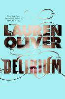 The cover of Delirium. It shows half of the face of a girl with pale skin, dark hair, and brown eyes. Green flowers and plants cover the remainder of the cover. 