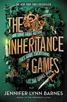 The cover for The Inheritance Games. The title stands in gold, while the subtitle, "She came from nothing. They have everything. Let the games begin." wraps around the title in green ribbon. Inside of an ornate green ironwork design, we see several things highlighted in gold: a chess piece, a candle, a tiara, a dagger, a necklace with a green gem, and finally a key. 