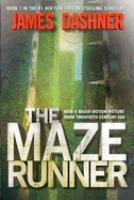 The cover of The Maze Runner. The cover places us within the maze; we see tall pillars of concrete covered in green moss, with spikes jutting out of the sides.