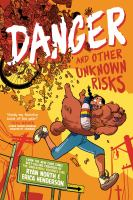 The cover for Danger and Other Unknown Risks. A teen girl with dark braids and brown skin, wearing capri jeans, a rainbow sweatshirt, and white high-top sneakers, runs down a road away from a ball of miscellaneous objects threatening to swallow her whole. She carries a brown, fluffy dog in her arms. 